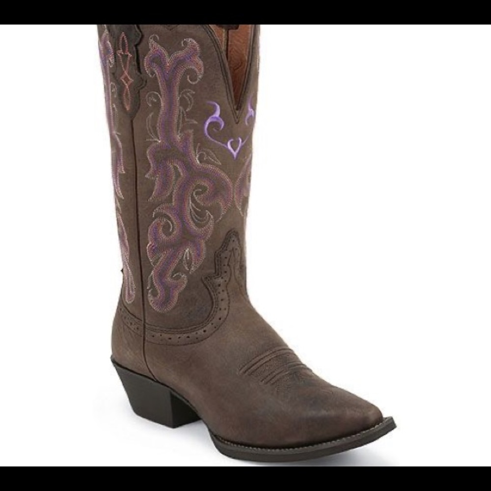 Justin Women”s Stampede Chocolate Puma Western Cowgirl Boots Purple Heart 6.5B - Picture 3 of 15